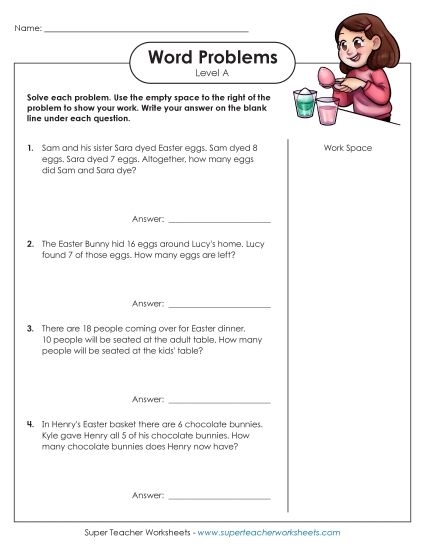 Easter Math Word Problems Worksheet for Early Learners A second grader solving Easter-themed word problems with colorful eggs and bunnies to practice addition skills