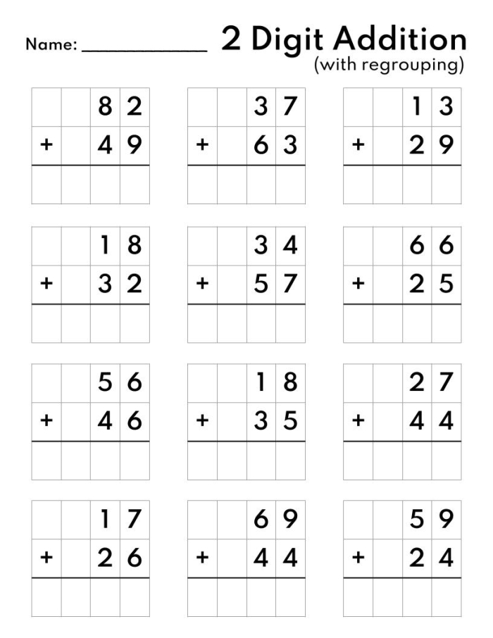 Easter math practice worksheet featuring bunny decorations and two-digit number addition exercises for young learners Second graders practicing two-digit addition with colorful Easter-themed math problems and illustrations