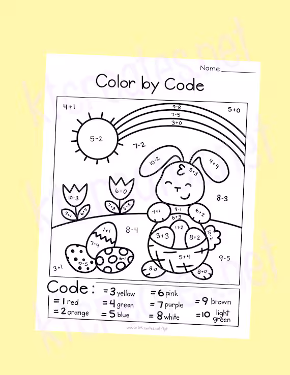 Second grade student solving colorful Easter themed addition and subtraction math word problems