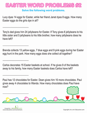 Easter-themed math word problems worksheet designed for second graders