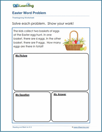 Second grade student solving Easter themed addition and subtraction math word problems on a printable worksheet