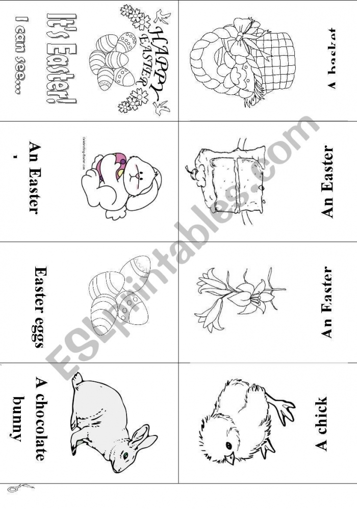 Kindergarten student completing an Easter mini-book worksheet with colorful holiday illustrations and simple text activities