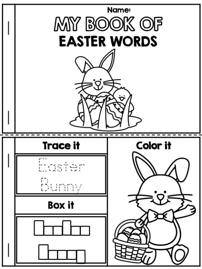 Kindergarten student coloring an educational Easter Mini-Book worksheet about seasonal science topics
