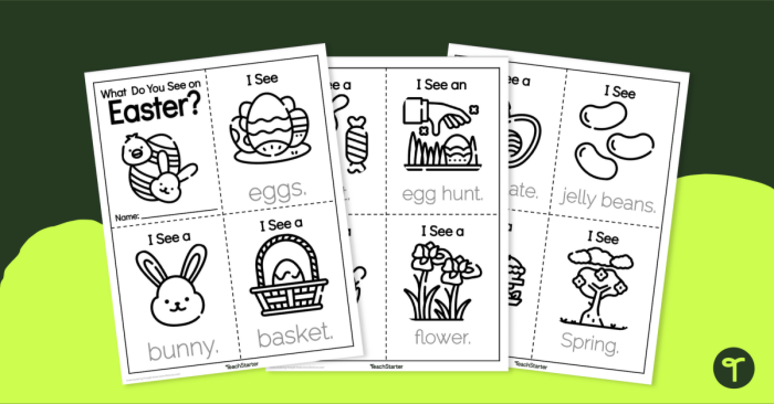Kindergarten students coloring and assembling a holiday themed booklet in this Easter Mini-Book worksheet