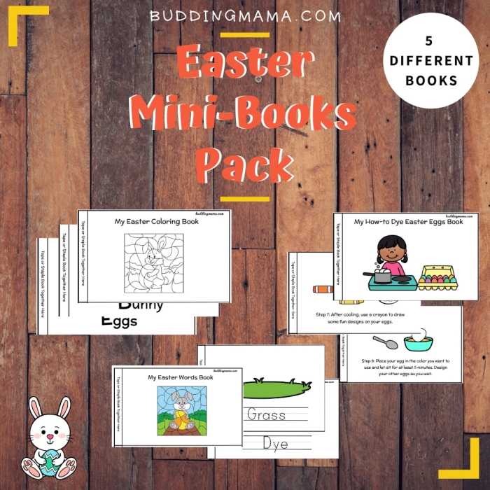 A kindergarten student coloring an Easter Mini-Book worksheet about seasonal science topics