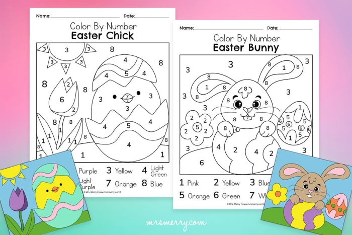 Easter Color By Number Page Worksheet Number 17 Kindergarten student coloring an Easter bunny and egg worksheet to practice number recognition