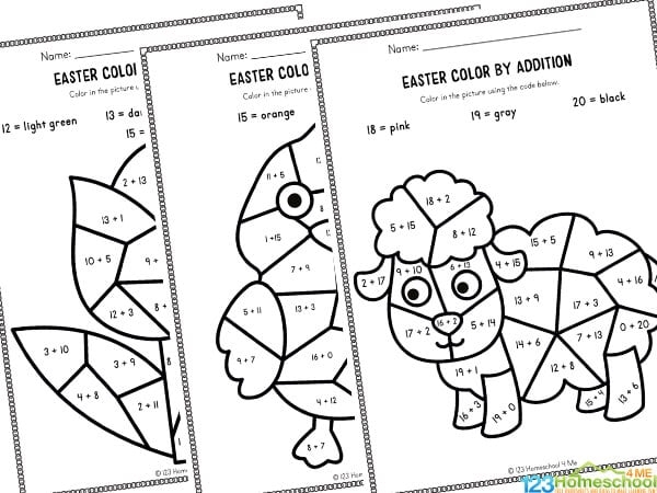 Kindergarten student practicing basic addition sums with a colorful Easter bunny picture worksheet