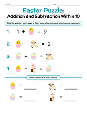 Easter Puzzle Addition and Subtraction Within 10 Worksheet 11 First grade math student solving an Easter themed addition and subtraction puzzle worksheet number 11