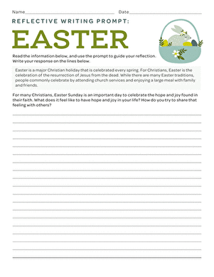 Fourth grade Easter worksheet featuring a reflective writing prompt about showing love to friends and family alongside a subtraction math challenge