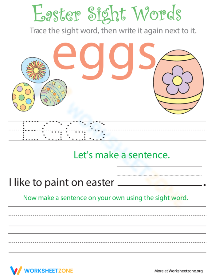 Addition worksheet for Kindergarten Easter-themed worksheet featuring the sun for practicing sight words in kindergarten. Fun sentence building activity for young learners to enhance their reading skills.