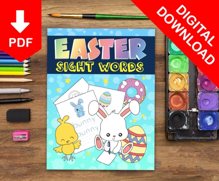 Practice sight words with this engaging Easter Sun worksheet for kindergarten learners Colorful Easter-themed worksheet featuring sight words and a bright sun illustration