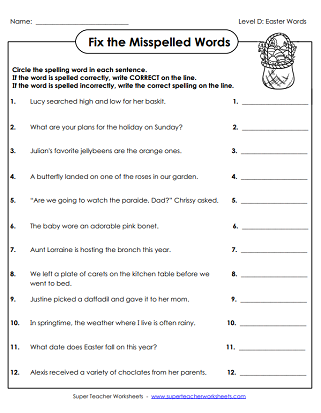 Easter Egg Spelling Challenge Activity for Elementary Students Number 8 Second grade Easter spelling worksheet with hidden words in decorated eggs for students to identify correct spelling