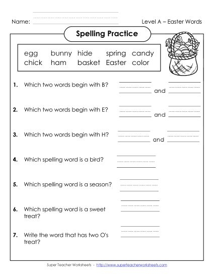 Easter Egg Spelling Activity 12 - Find the Correctly Spelled Holiday Words Second grade Easter spelling worksheet with hidden words inside decorated Easter eggs for students to identify correct spelling