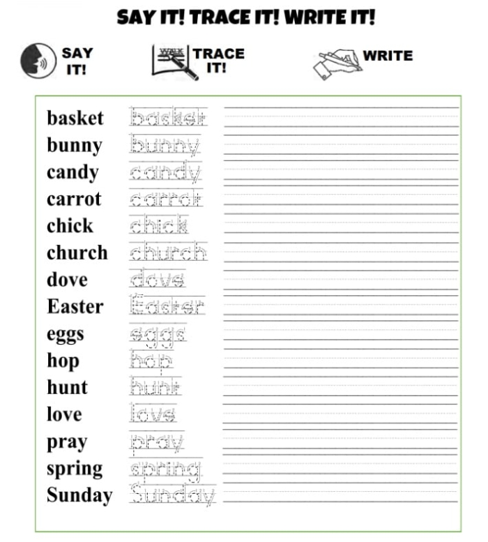 Easter Spelling worksheet for grade two activity number 23 Second grade student completing an Easter spelling worksheet by identifying the correct word hidden in eggs