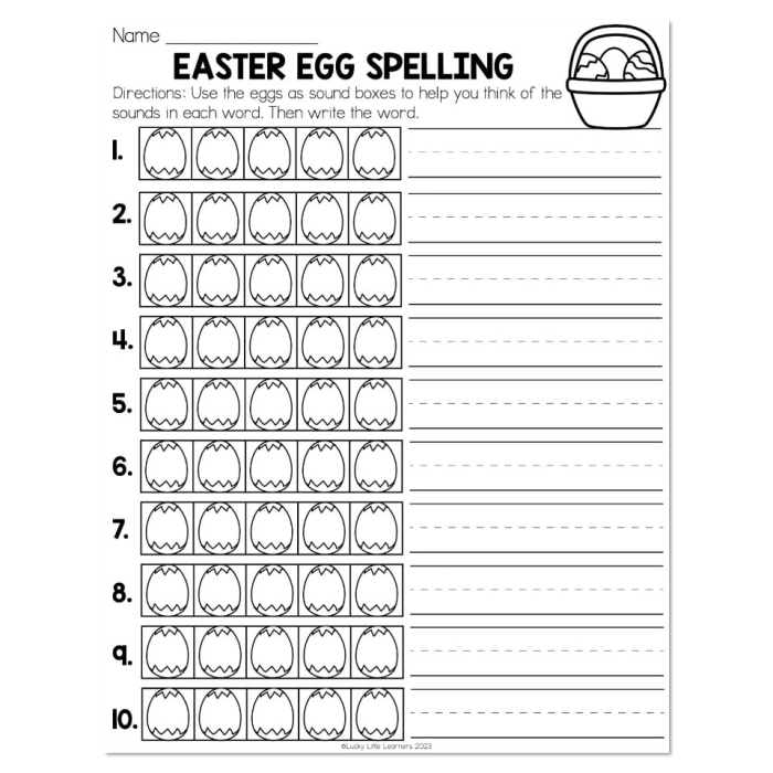 Easter Spelling Worksheet Number 22 Mixed Operations Educational Activity Second grade Easter spelling worksheet featuring word selection tasks inside decorative eggs