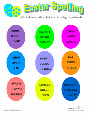 Easter Egg Spelling Challenge Worksheet for Grade 2 Students Number Four Second grade Easter spelling worksheet featuring hidden holiday words inside decorated egg illustrations
