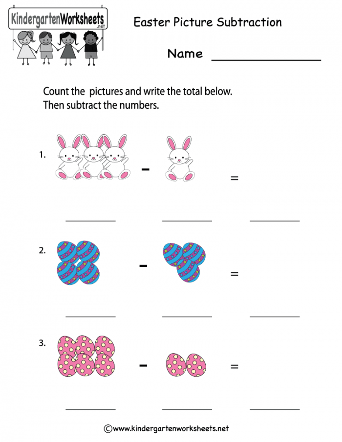 Easter Subtraction Drill Sheet 2 for Early Learners Kindergarten students practicing Easter-themed subtraction problems with colorful illustrations
