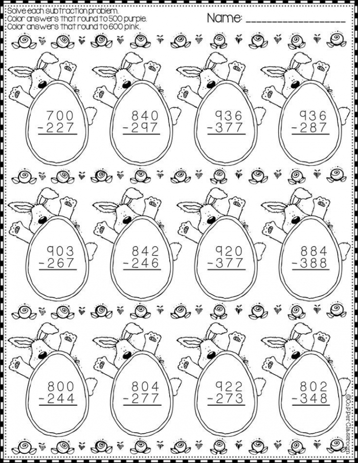 Easter Subtraction Drill Sheet 14 for Early Learners Kindergarten students solving Easter-themed subtraction problems with colorful eggs and spring decorations on worksheet 14