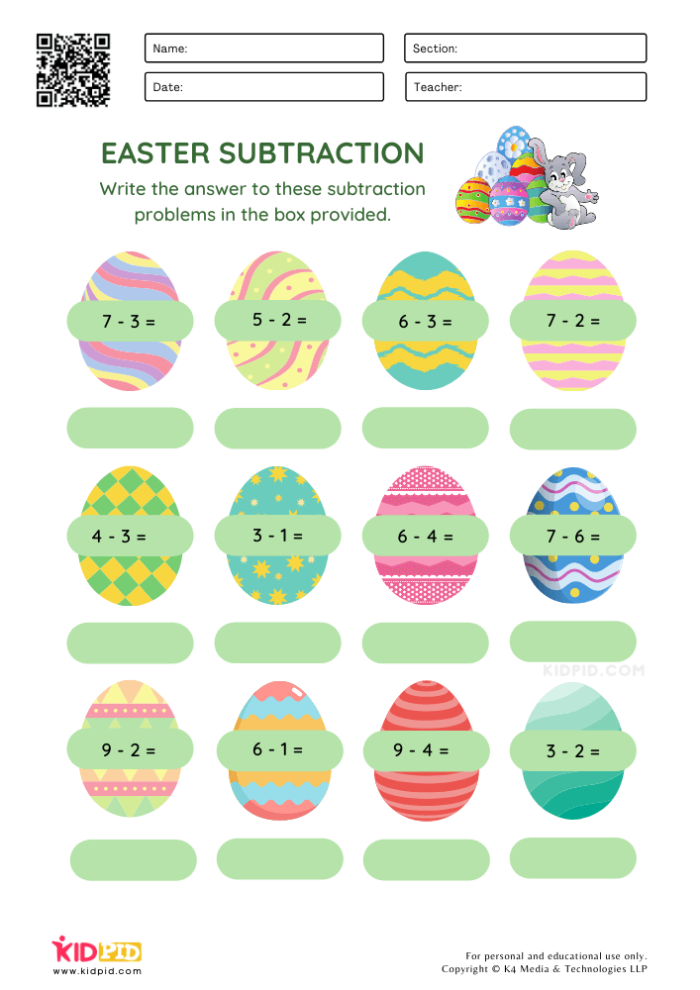 Easter Subtraction Practice Worksheet Page 3 for Kindergarten Math Skills Kindergarten student completing an Easter themed subtraction drill sheet with colorful egg illustrations
