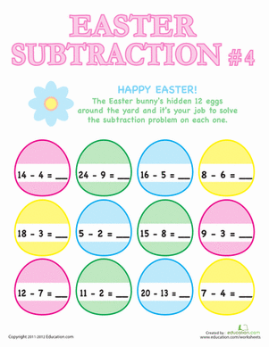 Easter Subtraction Practice Worksheet 13 for Early Learners Kindergarten students solving Easter-themed subtraction problems with colorful illustrations and numbers