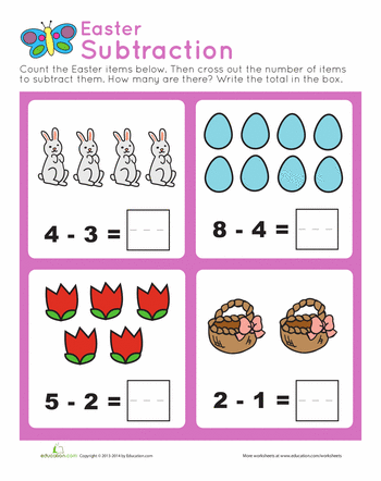 Fun Easter-themed subtraction problems for kids to enjoy while learning math Easter Subtraction worksheet featuring colorful eggs hidden by the bunny for first graders to solve