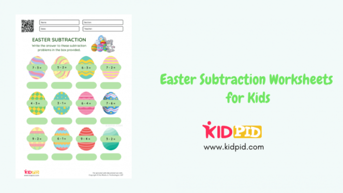 Worksheet image showcasing the Easter bunny's hidden eggs with math challenges for young learners Easter subtraction worksheet featuring colorful eggs with subtraction problems for first graders