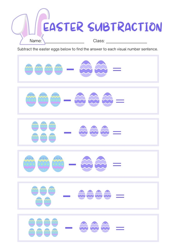 Easter Subtraction Worksheet for First Grade Activity 7 First grade math worksheet featuring the Easter bunny and colorful egg subtraction problems