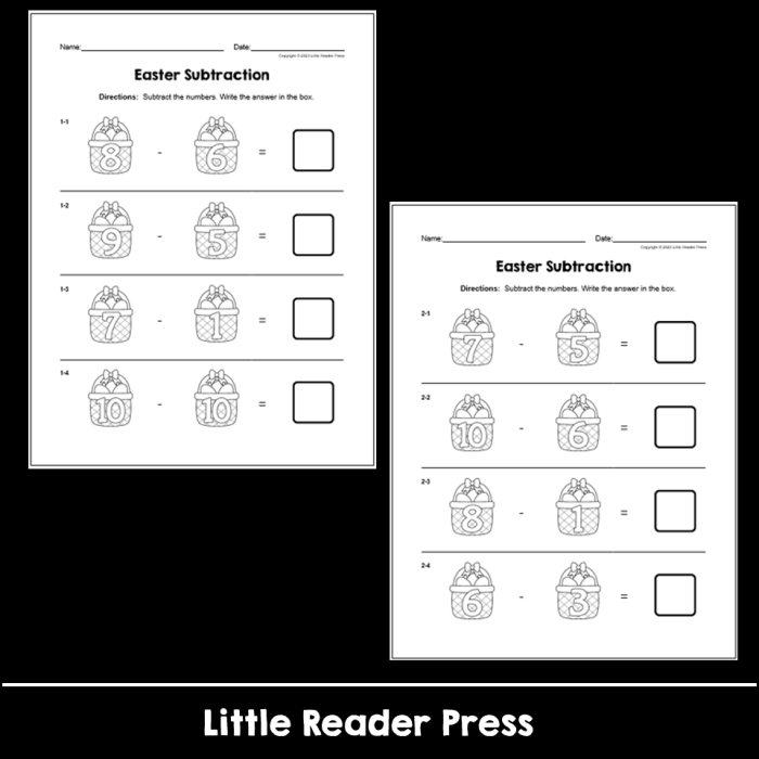 Easter Subtraction Practice Worksheet 7 for Early Learners Kindergarten students solving Easter-themed subtraction problems with colorful eggs and spring decorations