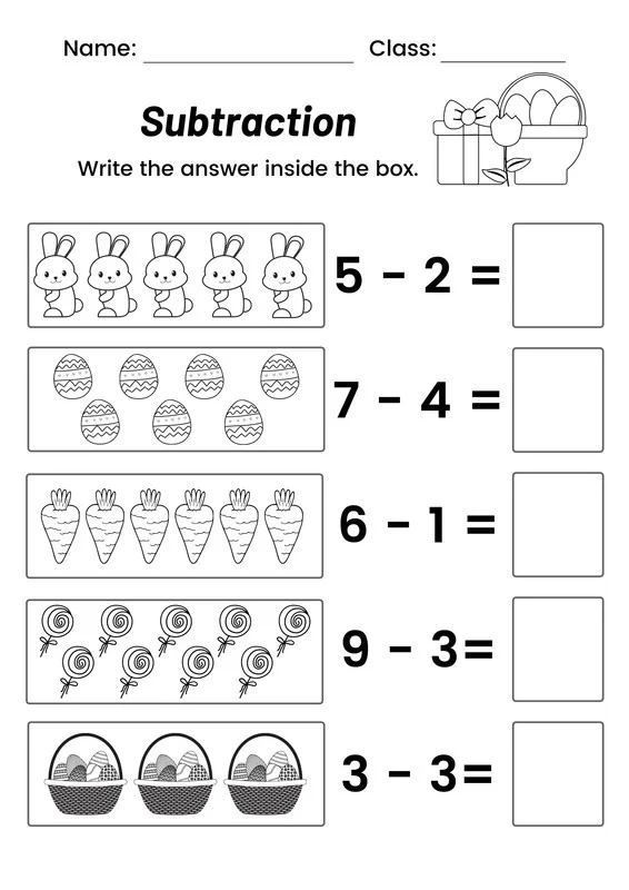 Easter Subtraction Practice drill sheet number 17 for beginning mathematicians Kindergarten student solving Easter-themed subtraction problems with colorful eggs and bunnies on a worksheet