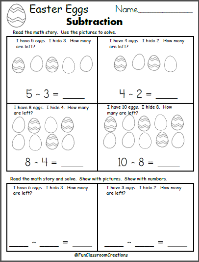 Easter Subtraction Worksheet Number 13 for First Grade Students First grade student solving Easter subtraction problems on colorful egg-shaped cards in a grassy yard