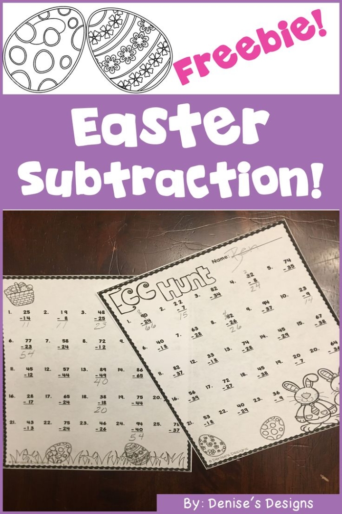 Mixed Operations worksheet for First Grade Colorful Easter eggs scattered in a yard with subtraction problems for first graders to solve. Fun Easter subtraction worksheet for early learners featuring hidden eggs and math challenges.