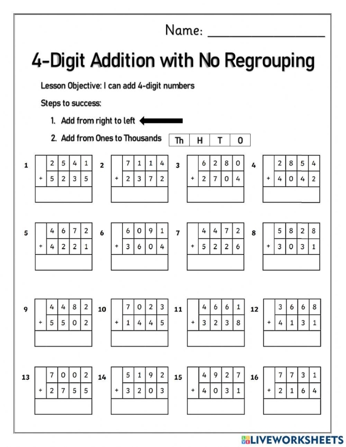 Engaging 4-Digit Addition worksheet designed to make math fun for kids A colorful Easter-themed worksheet for practicing 4-digit addition and 3-digit numbers for third graders