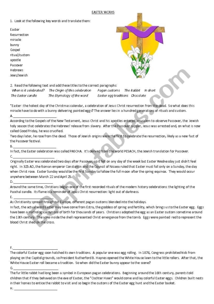 Educational illustration depicting the fascinating background of the Easter holiday History of Easter worksheet for fifth graders exploring the origins of Easter traditions like egg hunting