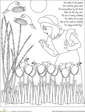 Color the Easter Tulips worksheet for kindergarten math practice 05 Kindergarten worksheet featuring Easter tulips to color with an educational fraction activity