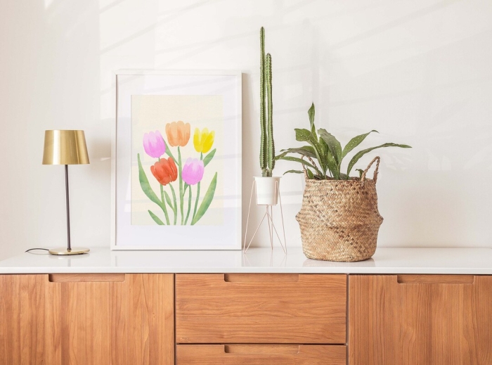 Easter Tulips Coloring Activity for Young Learners - Worksheet Image 4 Colorful tulips with Easter eggs in a garden scene for kindergarten fraction practice