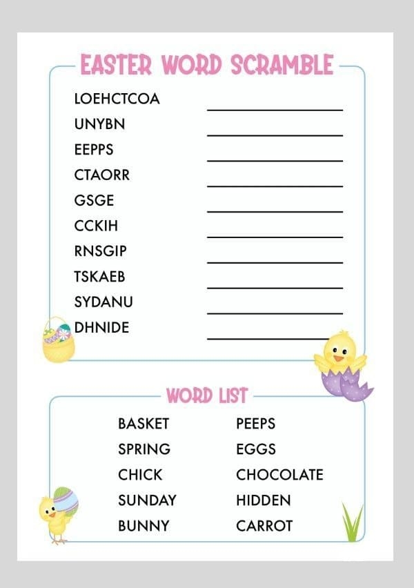 Easter Word Scramble worksheet featuring colorful eggs with scrambled letters for kids to solve