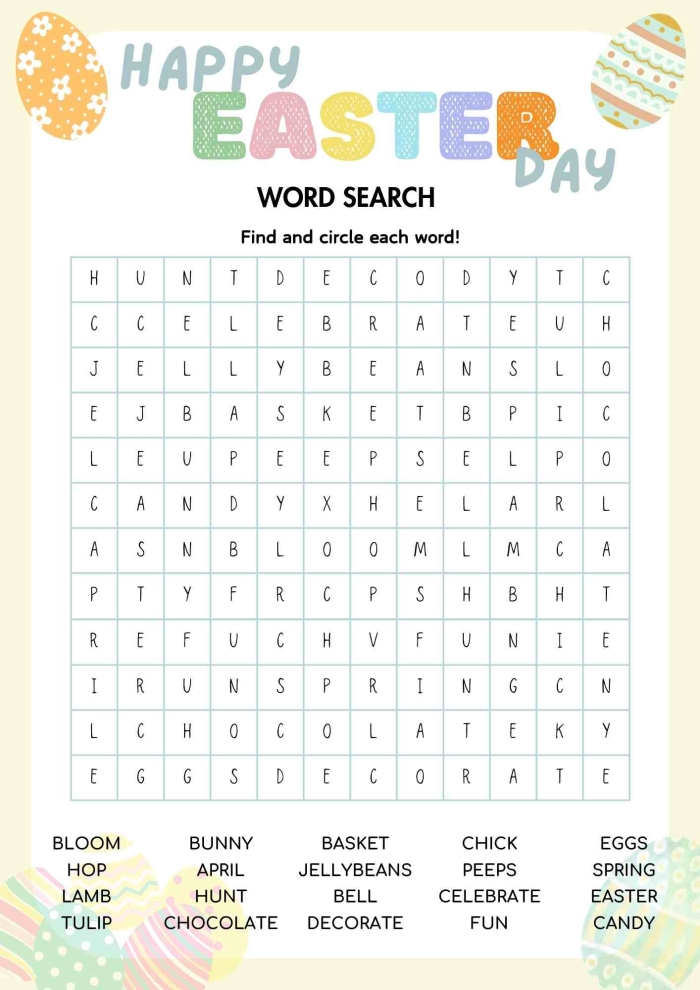 Easter Word Search Puzzle worksheet for first graders to enhance vocabulary and spelling skills
