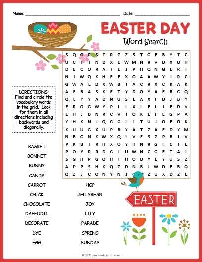 Easter Word Search Puzzle worksheet for fourth graders featuring 18 holiday-themed words to discover
