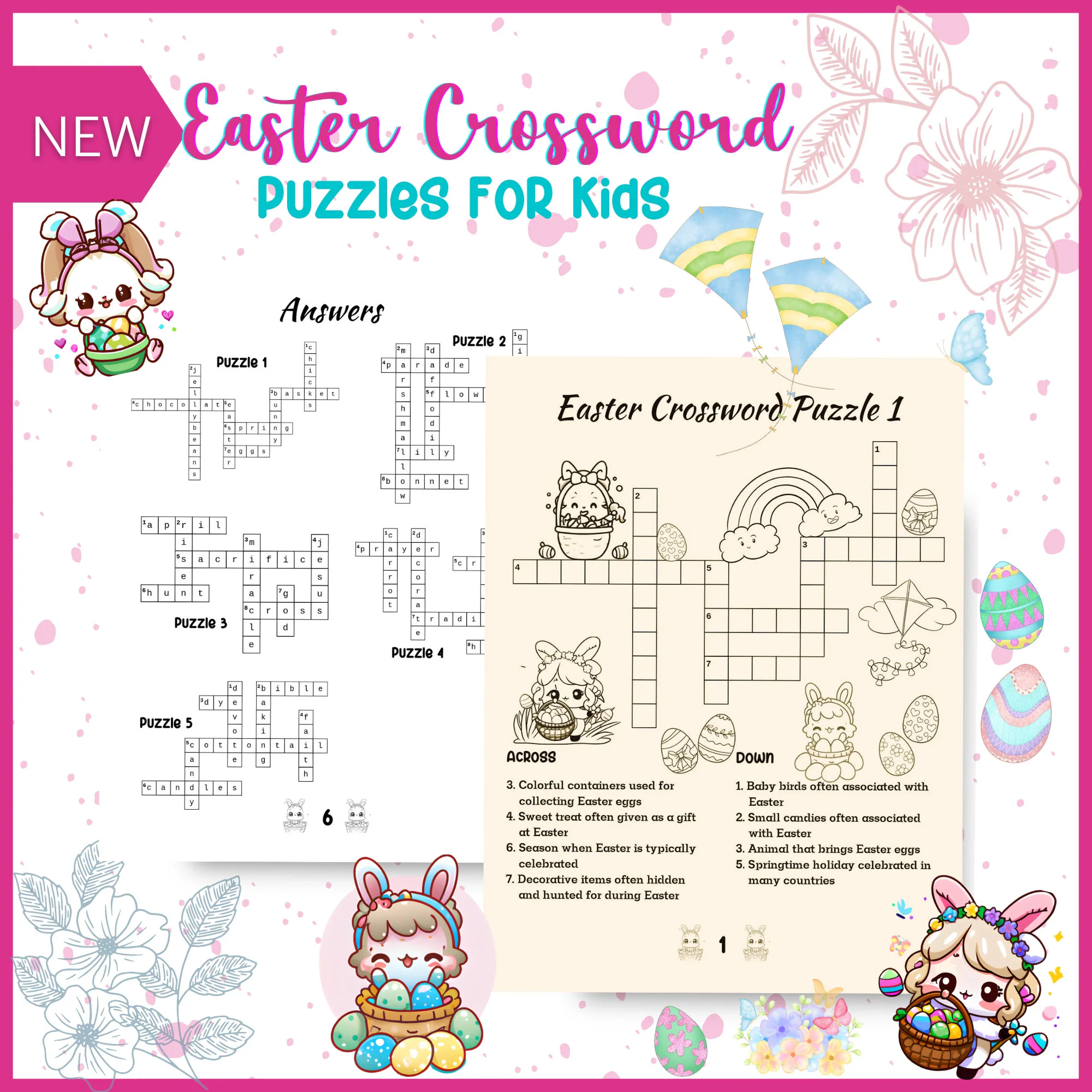 Colorful Easter crossword puzzle worksheet for second grade students featuring seasonal word hints