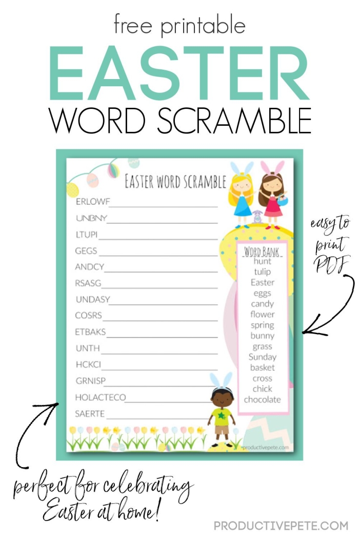 Easter Word Scramble worksheet featuring colorful eggs with jumbled letters for third graders