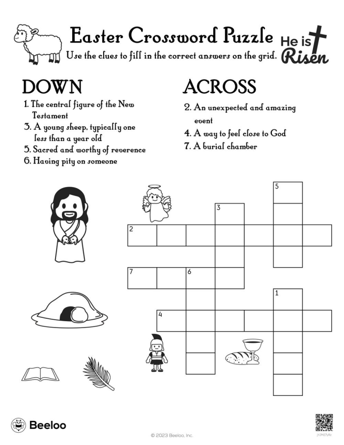 Second grade students solving an Easter-themed crossword puzzle worksheet with spring holiday vocabulary