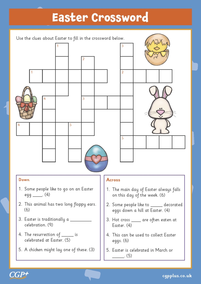 Second grade Easter crossword puzzle worksheet with spring holiday vocabulary clues and grid