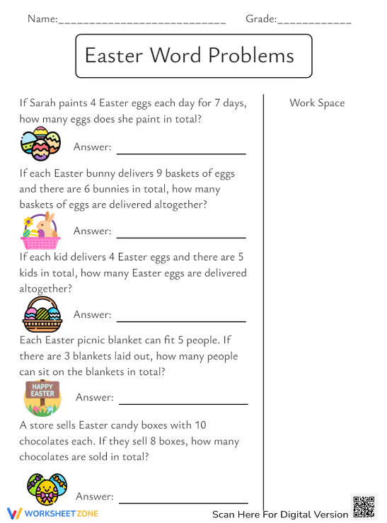 Algebra worksheet for Second Grade Word Problems for Easter! worksheet for Second Grade