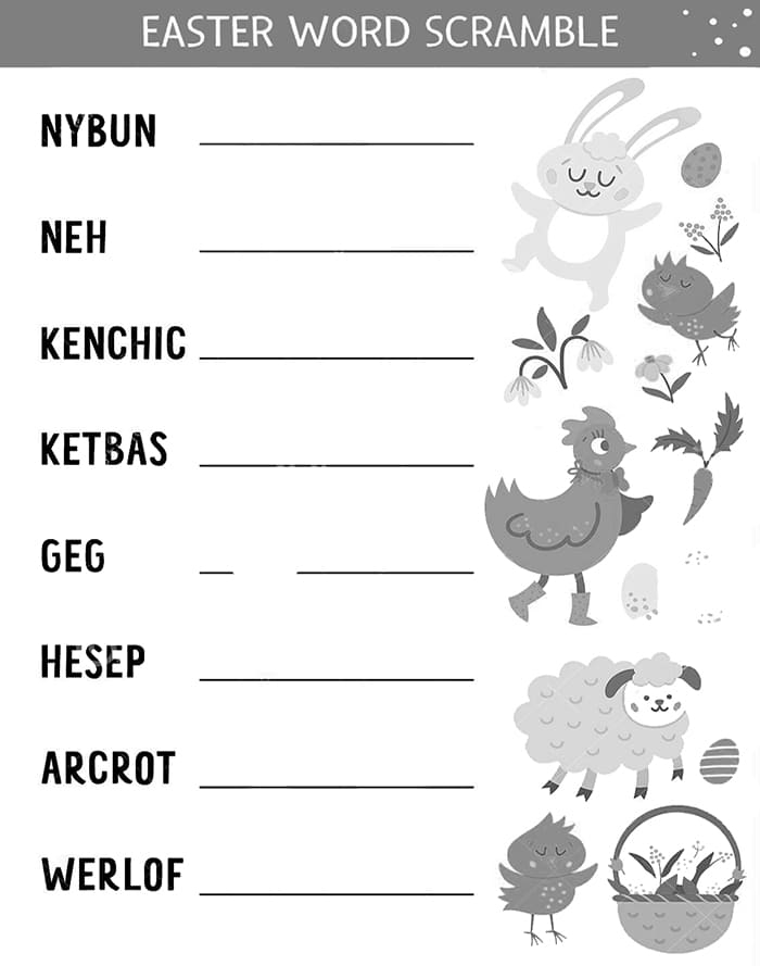 Easter Word Scramble worksheet featuring colorful eggs with scrambled letters for kids to solve