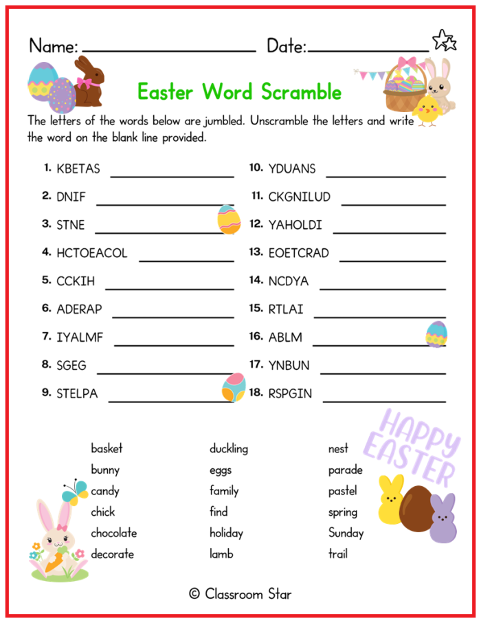 Easter Word Scramble worksheet featuring colorful eggs with mixed-up letters for third graders