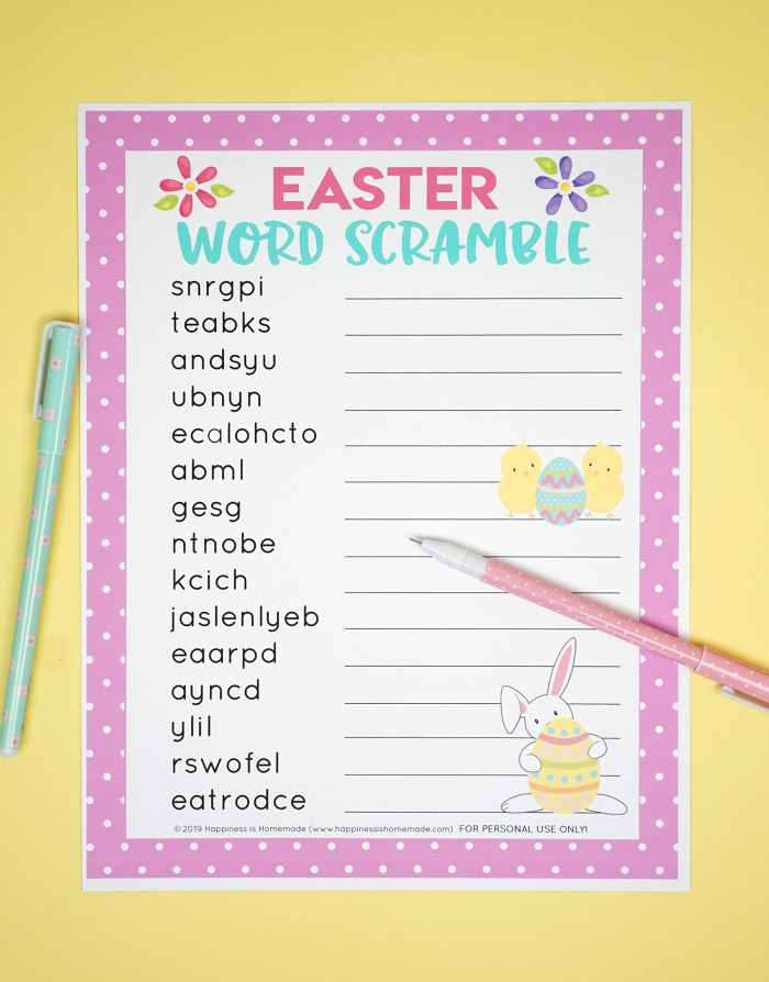 Easter Word Scramble worksheet featuring colorful eggs with jumbled letters for kids to solve