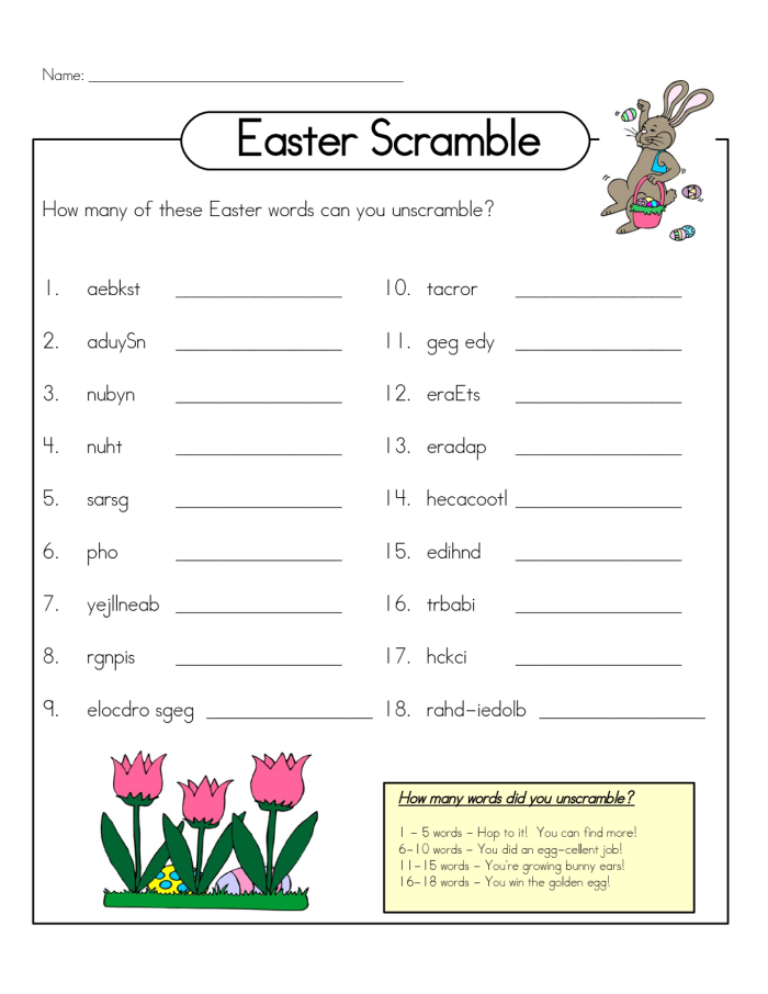 Easter Word Scramble worksheet featuring colorful eggs with jumbled letters for kids to solve. Engaging puzzle for third graders to discover hidden Easter-themed words.