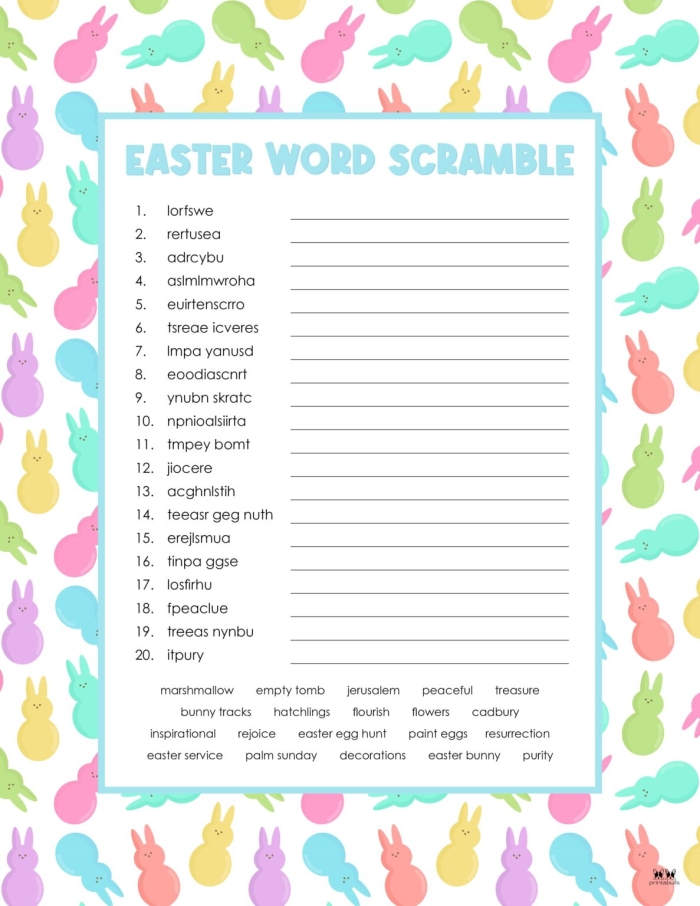 Easter word unscramble worksheet with bright illustrations and letter puzzles for beginning readers Colorful Easter-themed word scramble activity with scrambled letters and Easter pictures for kindergarten students