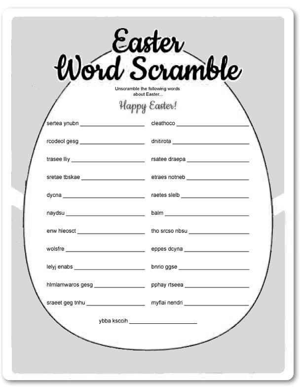 Third grade Easter Word Scramble worksheet featuring hidden holiday terms in patterned eggs