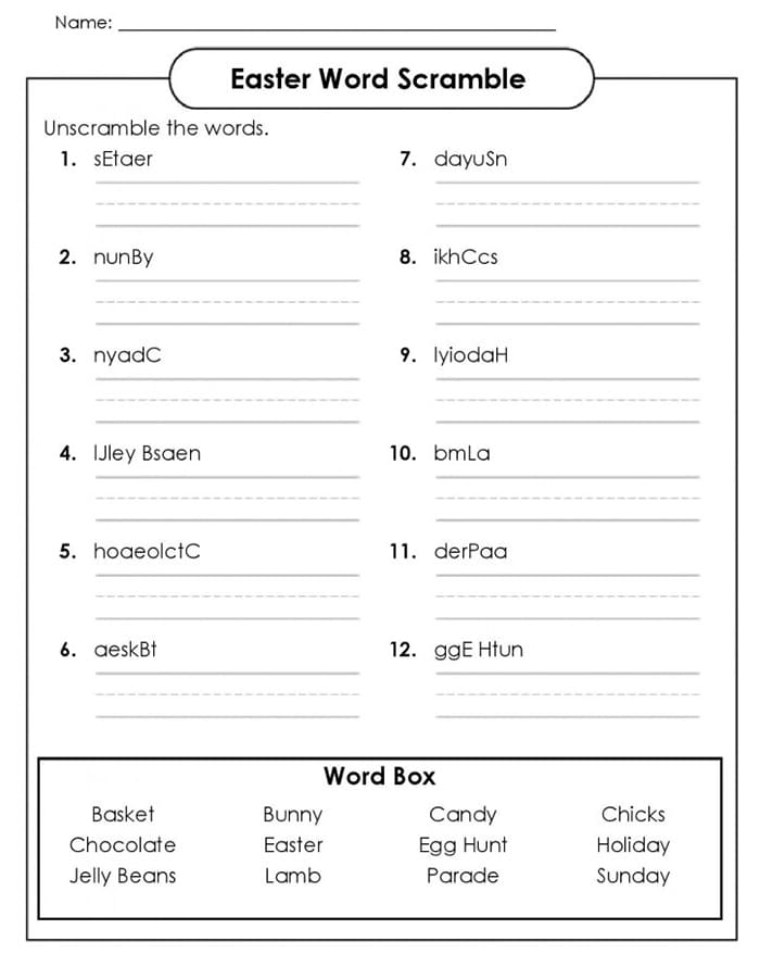 Easter Word Scramble worksheet featuring colorful eggs and letter puzzles for third graders